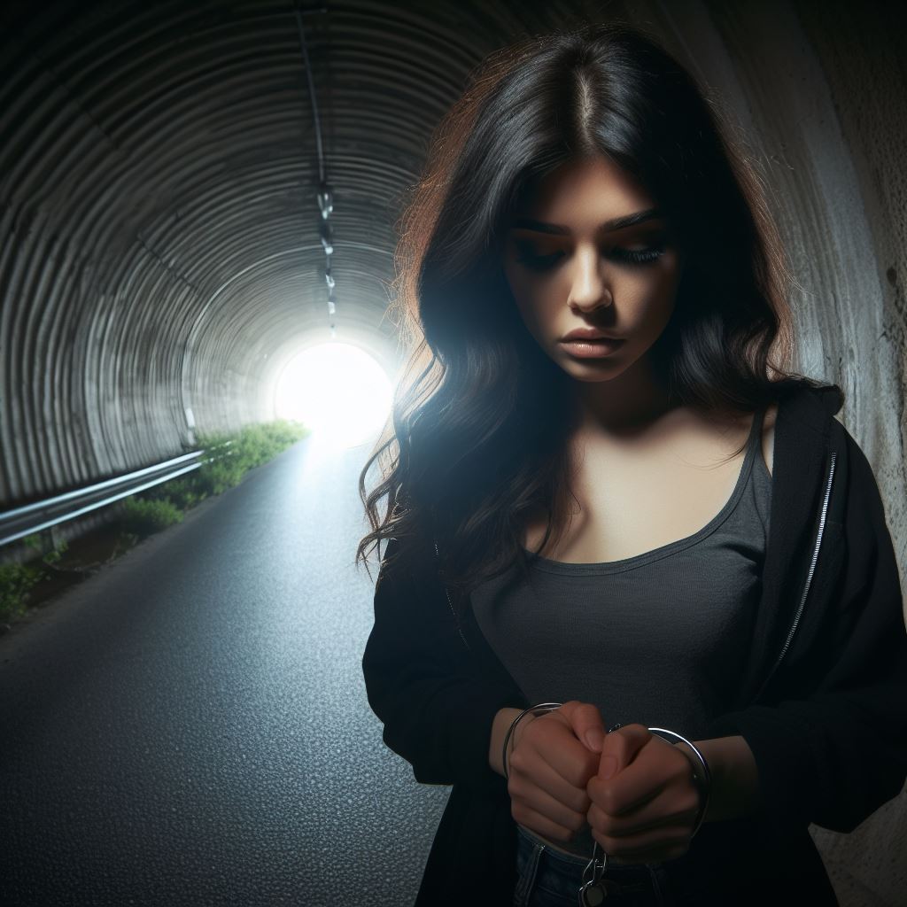Ideación suicida: imagen de una mujer joven en un túnel, mirando hacia una luz distante, simbolizando la esperanza y la superación.