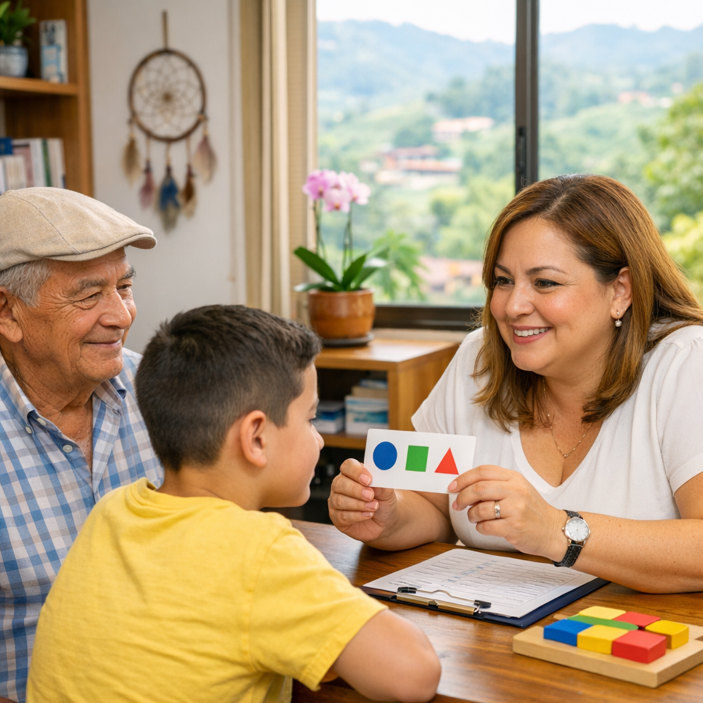 Neuropsicóloga en Marinilla realizando evaluación de memoria y concentración a un niño y una adulta mayor